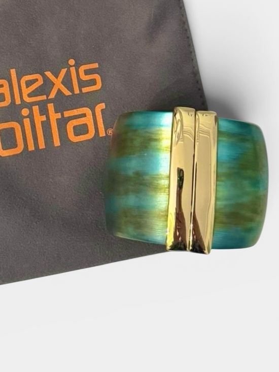 Alexis Bittar Jewelry - Alexis Bittar Teal Lucite and 14k Gold Plated Hinged Cuff Bracelet and Dustbag